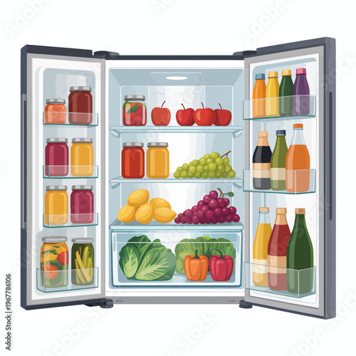 A fully stocked refrigerator displays fresh produce jars and bottled beverages
