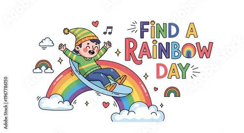 A cheerful leprechaun rides a surfboard on a vibrant rainbow with clouds and musical notes on Find a Rainbow Day.