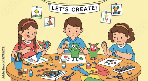 Happy young boy and girl engaging in a creative crafting activity, making art with paper, scissors, and glue on a wooden table, with "Let's Create!" sign.