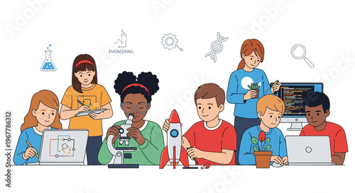 Diverse elementary school children learning science and conducting experiments with a female teacher, using laptops and a microscope in a bright classroom.