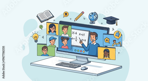 Online class video conference on a desktop computer screen with diverse students and various educational icons on an isolated white background.