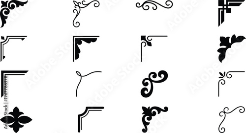 Set of 16 unique decorative corner ornaments and flourishes for frames, invitations, certificates, menus, vintage branding, wedding stationery and elegant ornamental graphic layouts