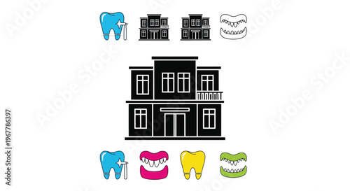 Dental themed illustrations with buildings and teeth icons in black and white