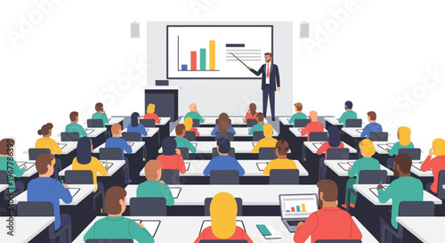 Diverse group of students attending a lecture in a university classroom, with a male professor presenting on a large screen.