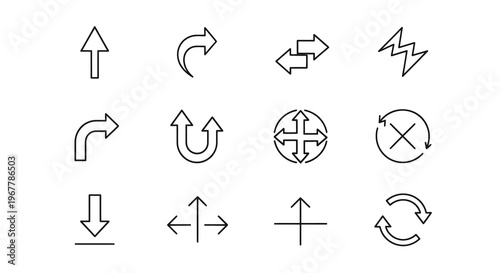 Collection of minimalist line icons depicting various directional arrows and symbols