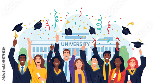 Joyful and diverse group of graduating university students celebrating their achievement by throwing graduation caps in the air in front of a university building