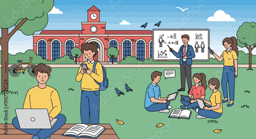 Diverse students actively studying and engaging in an outdoor lecture on a sunny university campus lawn with a historic building in the background
