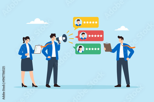 Flat illustration of business team collecting employee survey and customer feedback rating with communication megaphone and satisfaction score