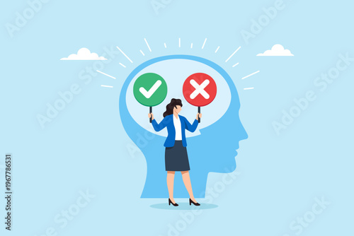 Flat illustration of businesswoman holding check mark and cross symbol within head silhouette representing risk management department compliance assessment through policy validation review