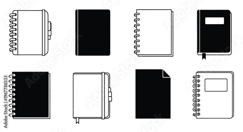 Collection of various notebook and journal designs in black and white