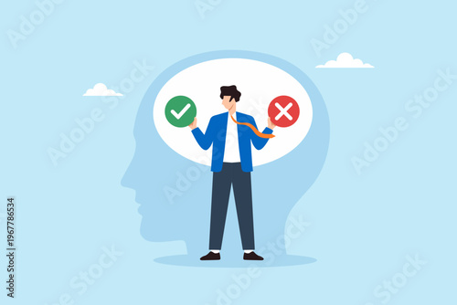 Flat illustration of businessman holding check mark and cross symbol within head silhouette representing leadership alignment during corporate restructuring transition