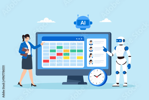Flat illustration of office worker using AI assistant optimizing schedule calendar for workforce allocation planning within executive department coordination strategy