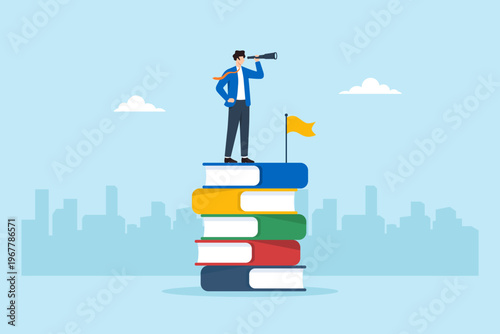 Flat illustration of businessman standing on tall stack of books using telescope for executive leadership succession planning and long term business vision