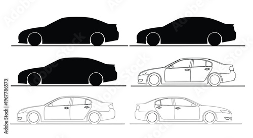 Four sedan car silhouettes and outlines in black and white