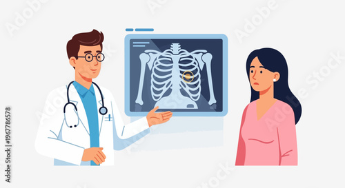 Male doctor explaining chest X-ray results with highlighted area to concerned female patient during medical consultation, isolated white background.