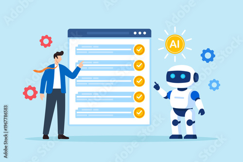 Flat illustration of office worker using AI assistant managing task checklist through workflow automation platform for operations productivity monitoring system