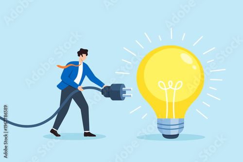Flat illustration of businessman connecting power cable into glowing lightbulb representing business idea activation and strategy execution planning