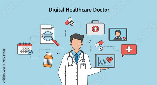 Organized male doctor representing digital healthcare with icons of calendar, magnifying glass, medication, first aid, heart monitor, and patient profile on a light blue background.