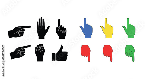 Collection of colorful and black hand gestures depicting various pointing and signaling actions