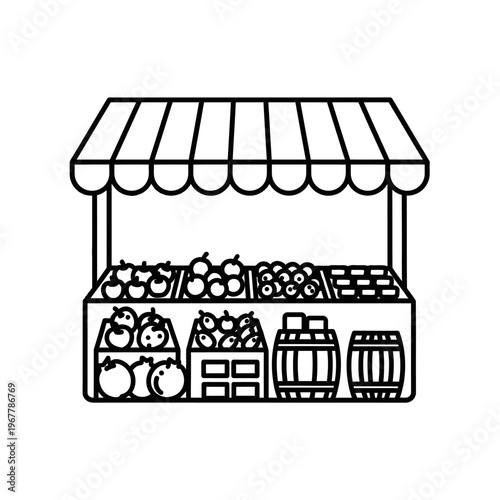 Line Drawing of a Fruit Market Stall with Assorted Fresh Produce