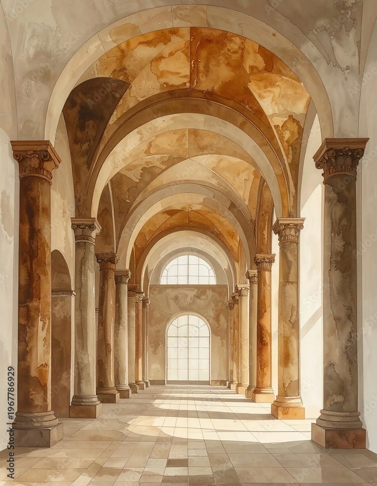 Obraz premium Grand Hallway with Arches and Columns Leading to Bright Windows.