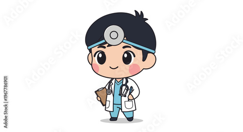 Cute chibi style male doctor character standing and holding a clipboard, presenting an approachable medical professional, on an isolated white background.