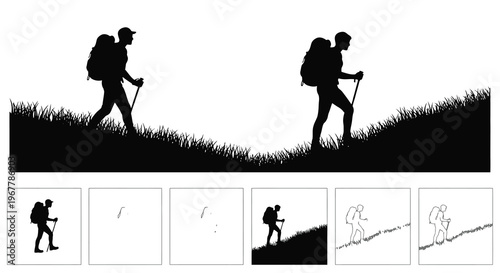 Silhouetted hikers with backpacks ascend a grassy hillside at sunset