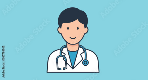 Friendly young male doctor with a stethoscope, smiling on a light blue background.
