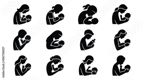 Collection of 12 minimalist black silhouettes of mothers breastfeeding their babies in various poses