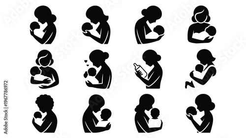 Black silhouettes of mothers breastfeeding babies various poses and emotions icon collection