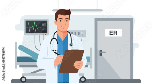 Professional male doctor standing in an emergency room, holding a clipboard and monitoring patient vitals, with an "ER" sign on the door.