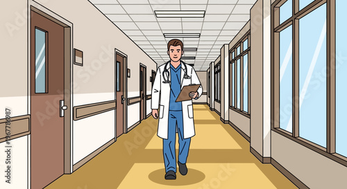 Professional male doctor walking purposefully down a long, bright hospital corridor, holding a clipboard, in a busy clinic setting.