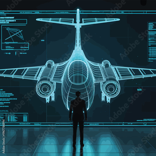A person observes a blueprint of a fighter jet in a futuristic setting