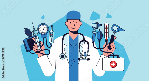 Smiling male doctor holding various essential medical tools like a stethoscope, thermometer, and first aid kit, presenting healthcare equipment in a bright studio.