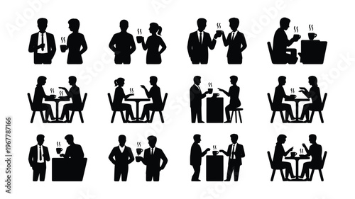 Black silhouette icons of business people dining and socializing in various restaurant settings with food and drinks