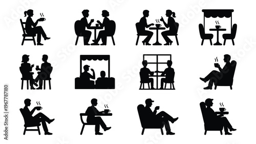 Minimalist black silhouettes of people sitting in cafes and restaurants enjoying coffee and conversation in various social settings