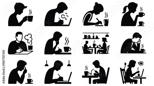 Silhouettes of people working on laptops and drinking coffee in various settings and poses