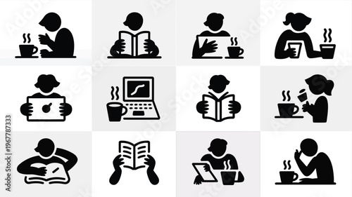 Minimalist icons of people reading and working with coffee