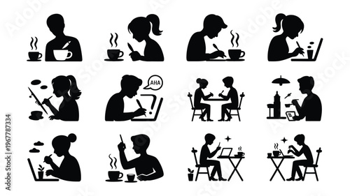 Silhouette icons of people working remotely with laptops and coffee in various settings and poses