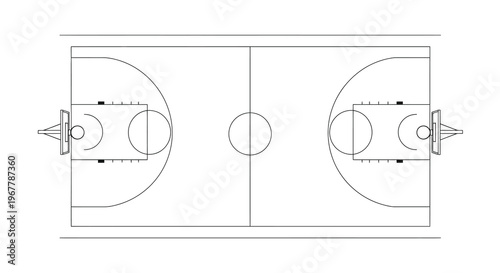 Overhead view of a basketball court with hoops and markings