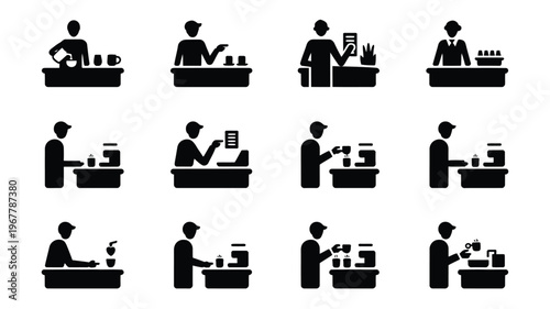 Vector icons of people working at counters serving customers and operating kiosks in various settings