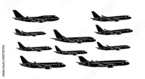 Silhouettes of commercial airplanes in various orientations against a white background