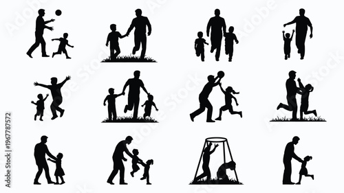 Black silhouettes of adults and children playing together outdoors in various fun activities
