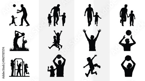Silhouette illustrations of happy people and children playing sports and having fun together outdoors