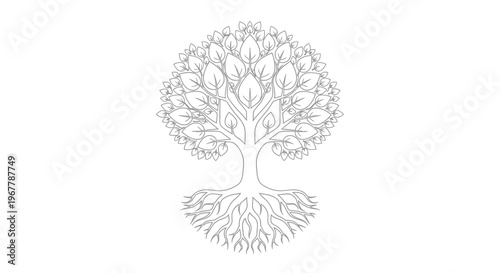 Intricate black and white drawing of a tree with detailed leaves and roots