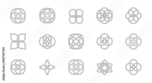Collection of intricate circular and floral line art designs on white