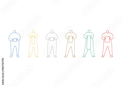 何も書かれていない様々な形の紙を持って立っている人物のカラフルな手描きイラストセット