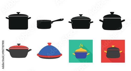 Various cookware items illustrated in a flat graphic style