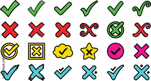Set of colorful check mark and x icons with approval, cancel and validation symbols for forms, apps, presentations, user interface design and rating graphics