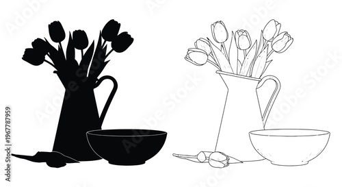 Black and white illustration of tulips in vases and a bowl